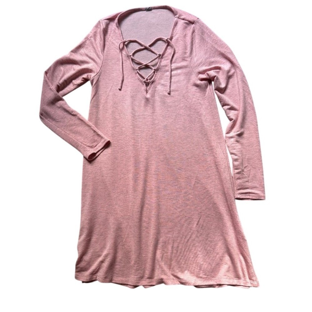 Pastel Pink Jersey Knit Lace Up Beach Cover Up Midi Dress M Summer Slub Stretch - Picture 8 of 9